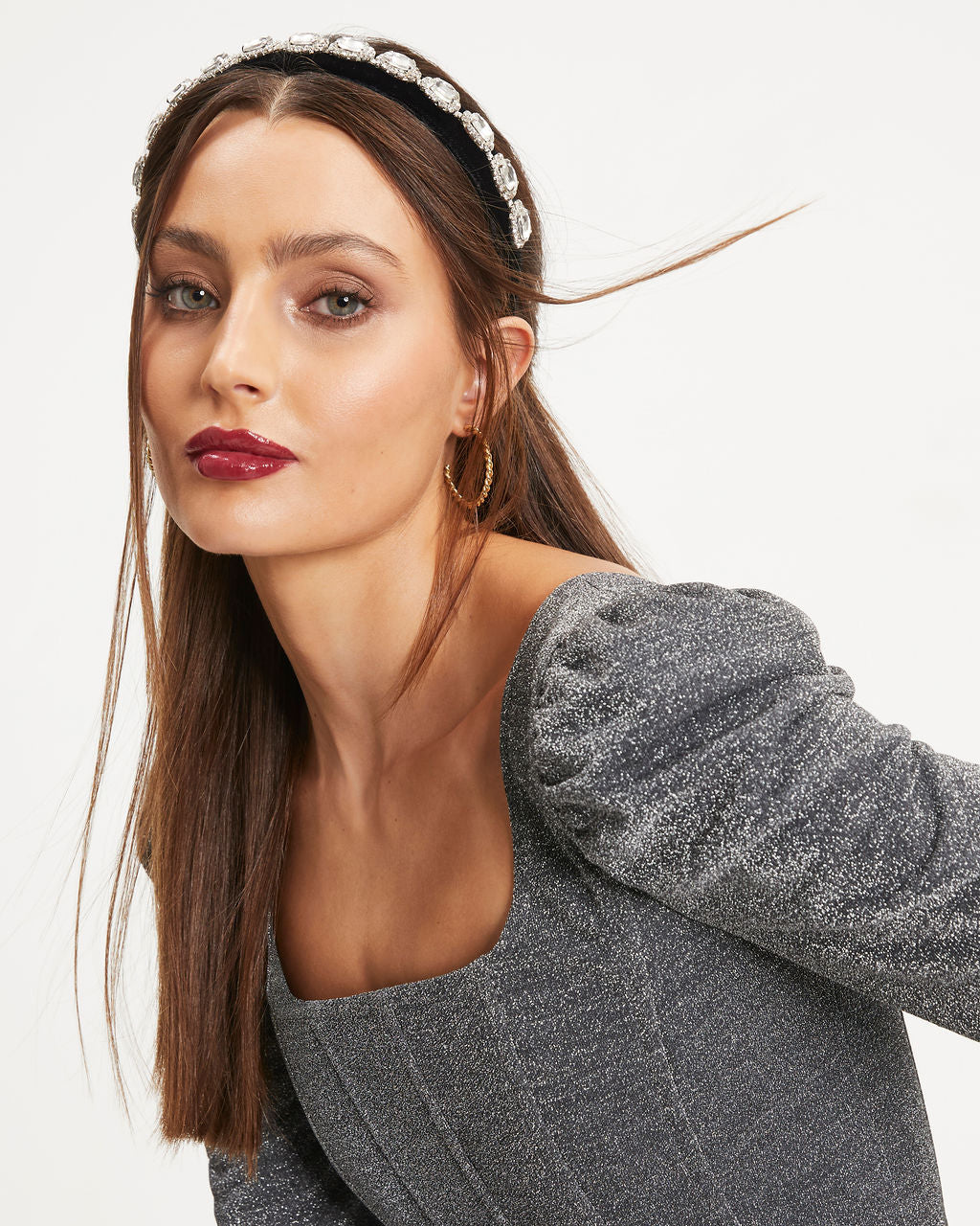 Crowned Velvet Crystal Embellished Headband - Black