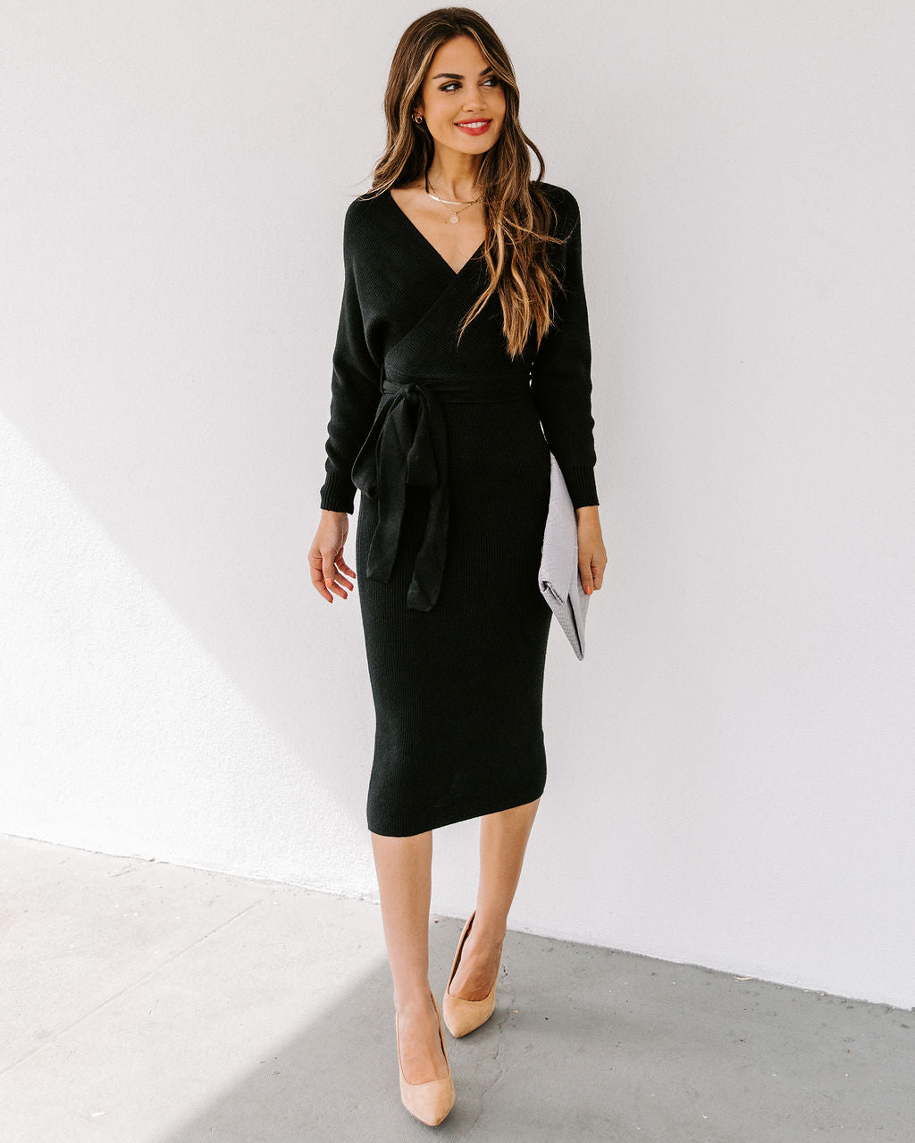 Yara Drape Knit Midi Sweater Dress - Black