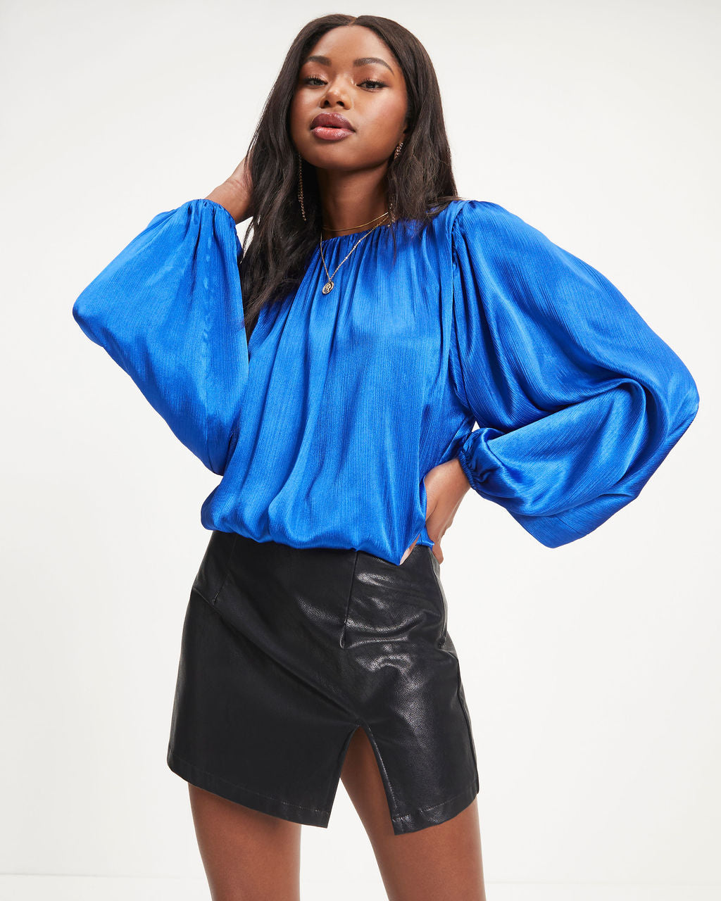 Perfect Timing Satin Balloon Sleeve Top - Blue