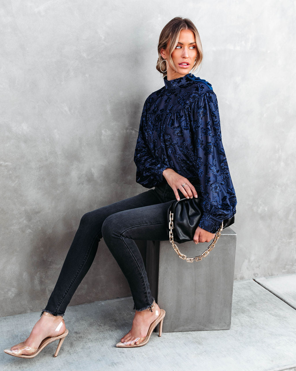 Jane Floral Burnout Velvet Top - Navy