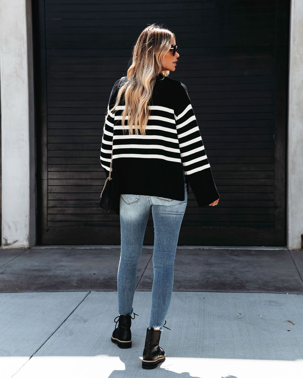 Hamptons Striped Oversized Pullover Sweater - Black