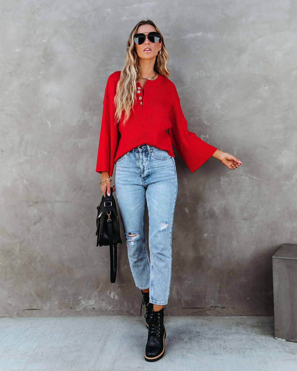 Shawn Ribbed Henley Top - Red - SALE