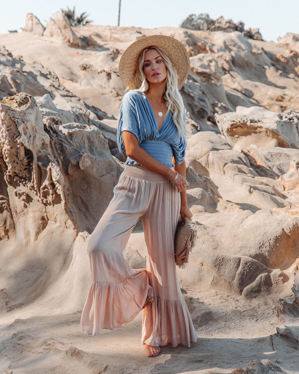 Janette Smocked Woven Crop Top - Stone Blue - FINAL SALE