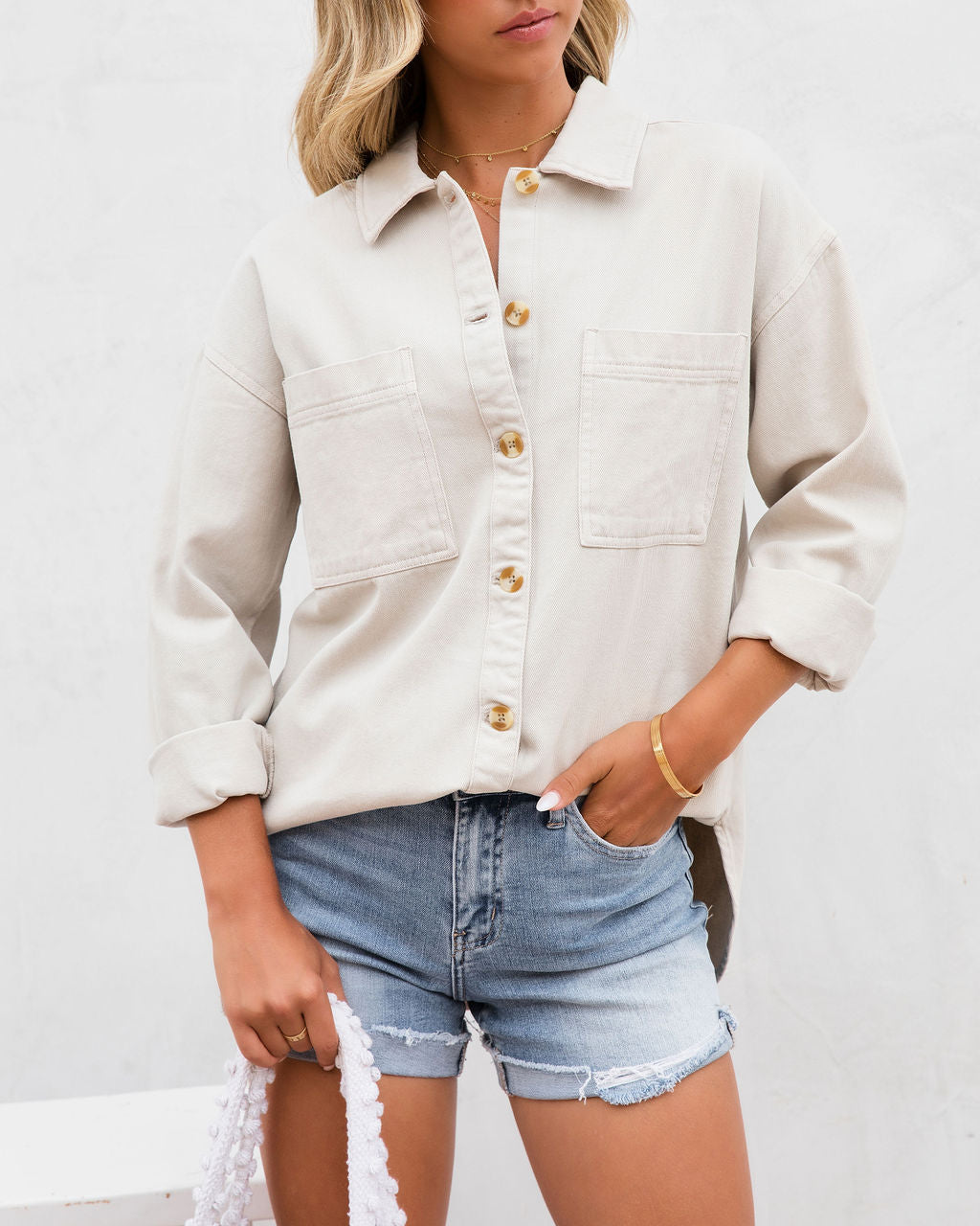 Henrietta Cotton  Utility Button Down Top - Light Grey - FINAL SALE