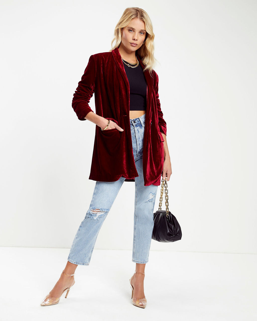 Chicest Pocketed Velvet Blazer - Ruby