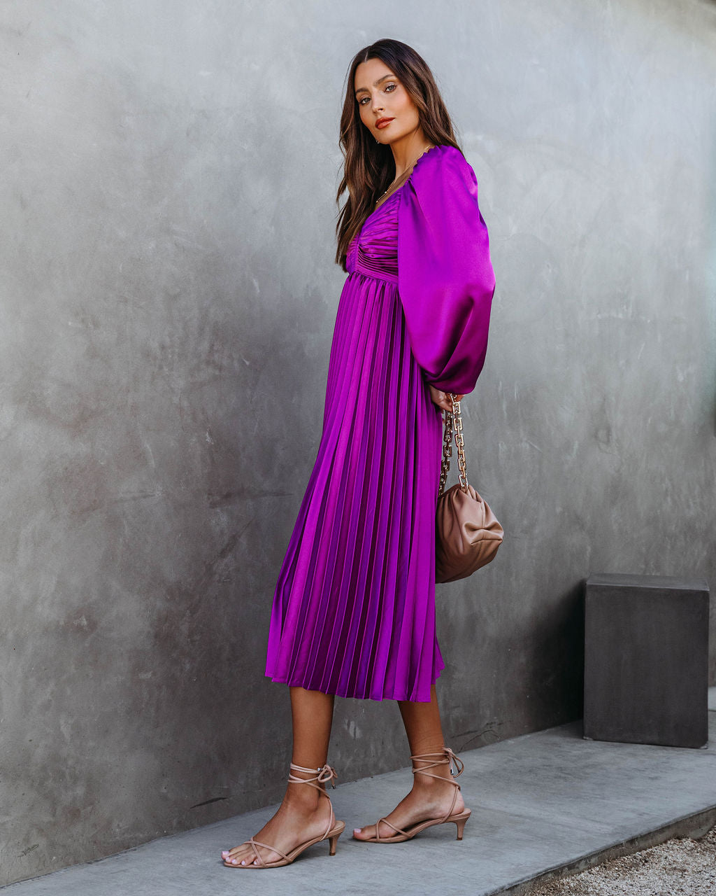 Romantic One Satin Pleated Midi Dress - Purple