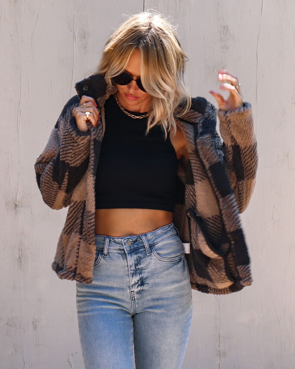 Bonfire Stories Plaid Pocketed Jacket - Beige/Black