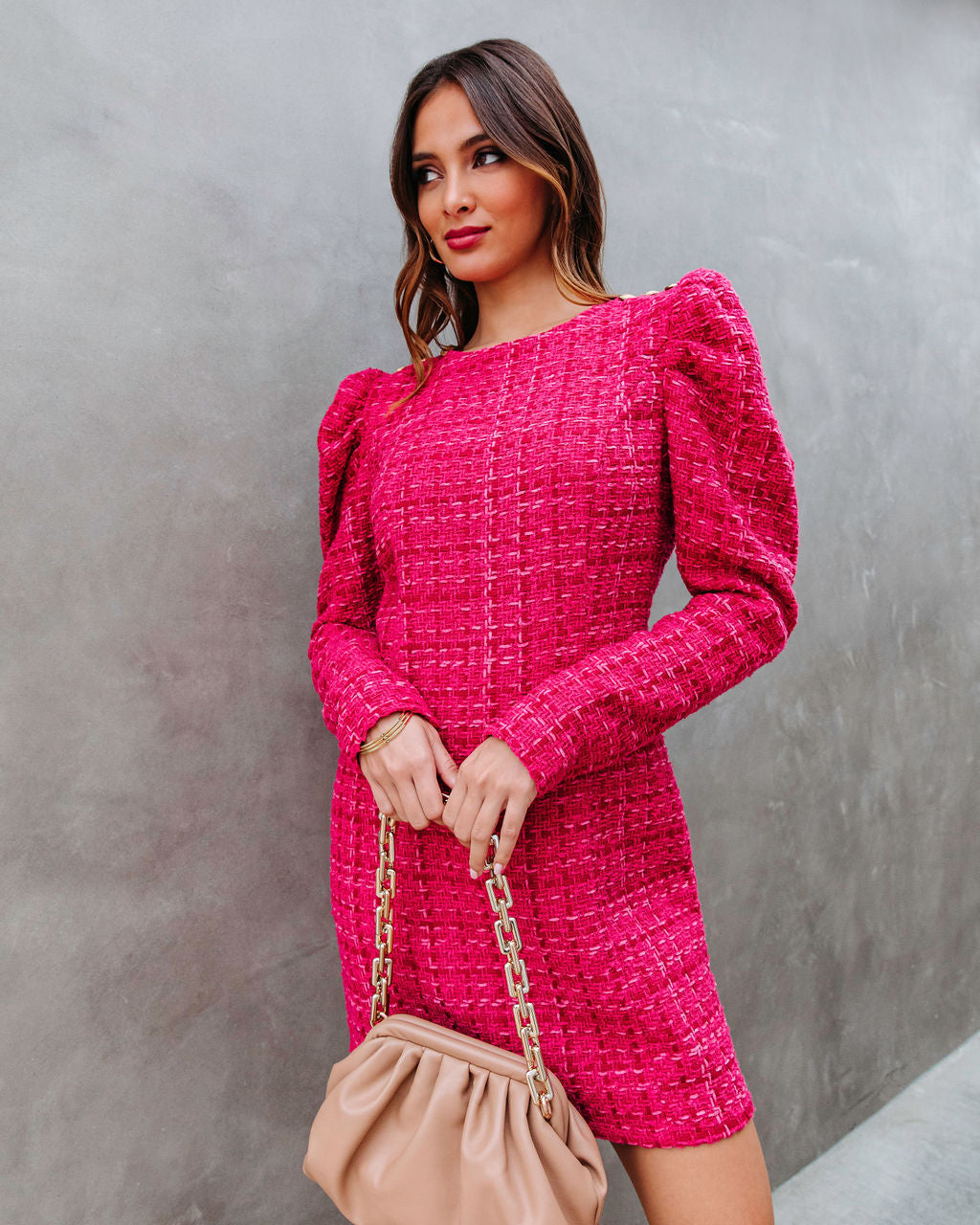 Fancy Afternoon Tea Tweed Mini Dress - Fuchsia