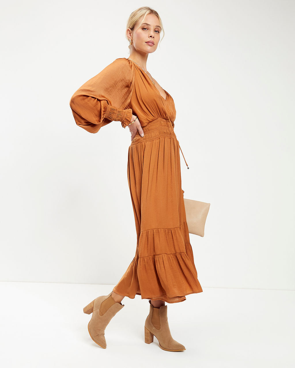 Robbie Satin Midi Dress - Camel