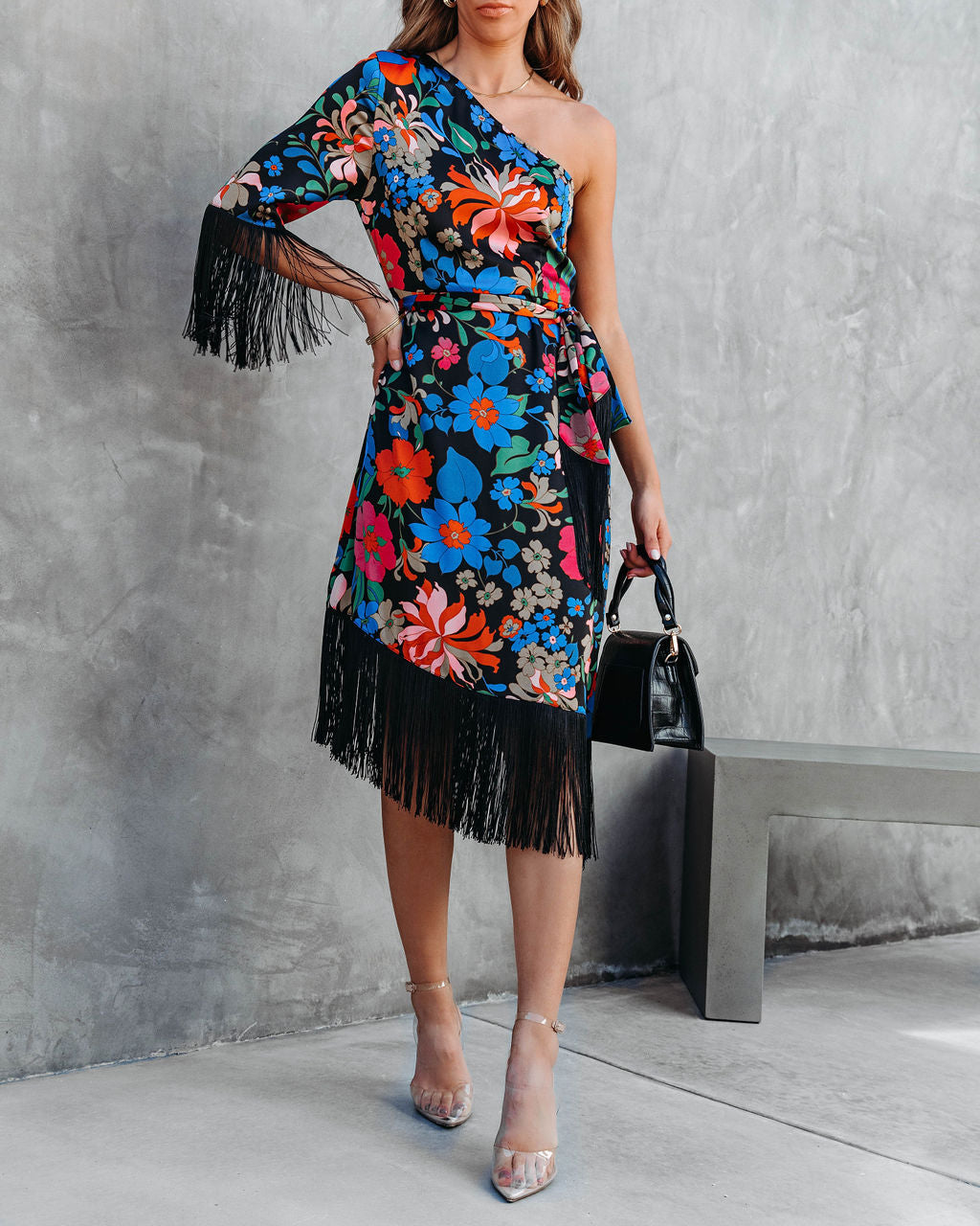 Rosalia Floral One Shoulder Fringe Midi Dress