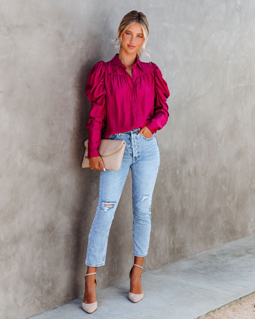 Southern Belle Puff Sleeve Button Down Top - Rose - SALE