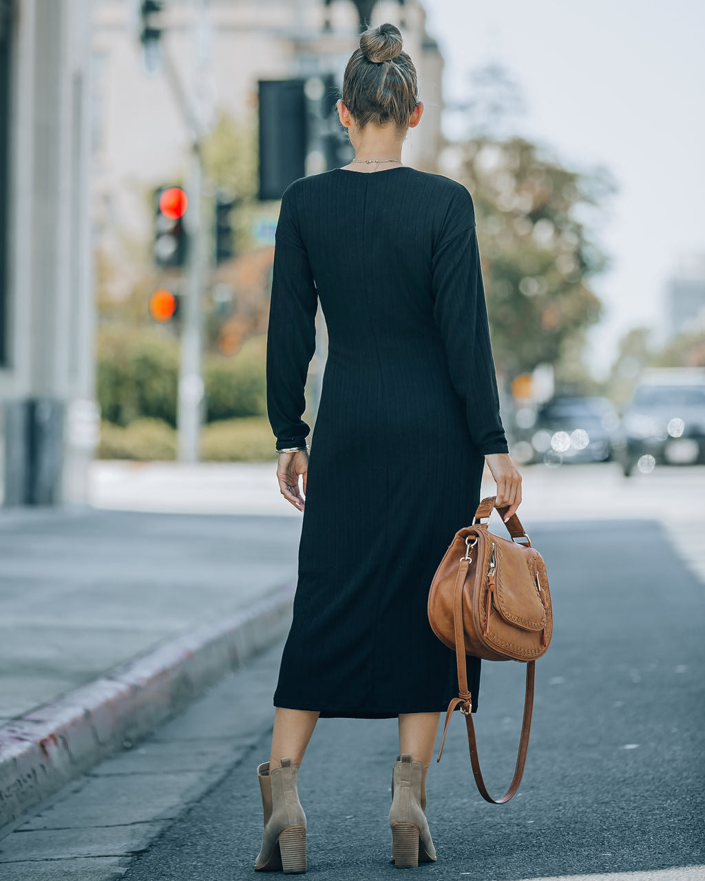 Dante Ribbed Knit Front Tie Midi Dress - Black