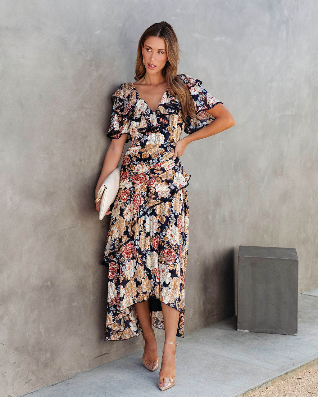 She Deserves A Crown Floral Ruffle Maxi Dress