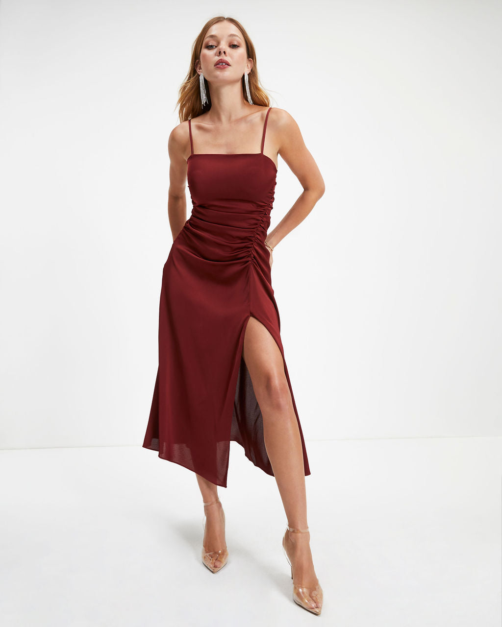 Luxe Doll Satin Drape Slit Midi Dress - Merlot