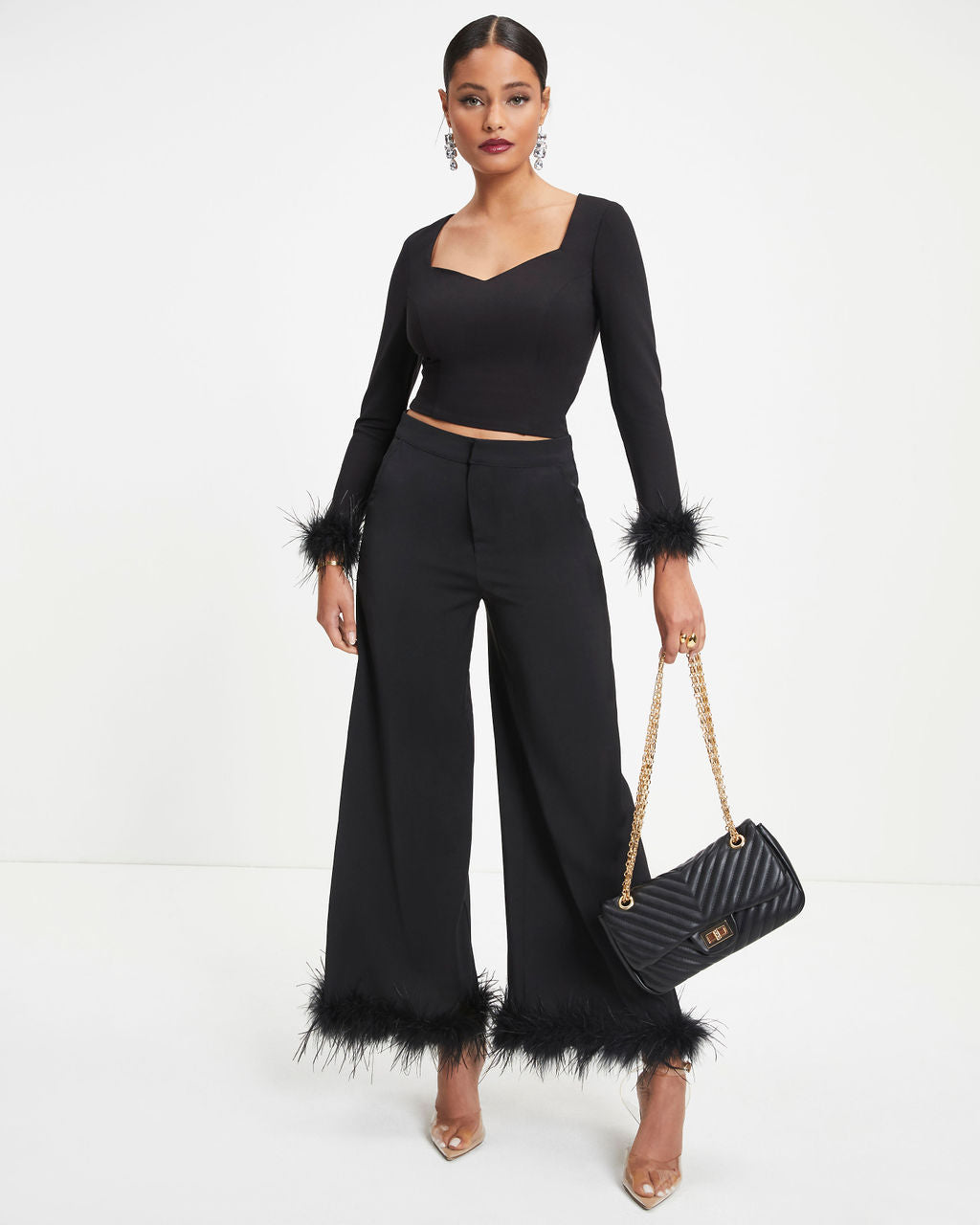 New Lover Feather Trim Pocketed Pants - Black