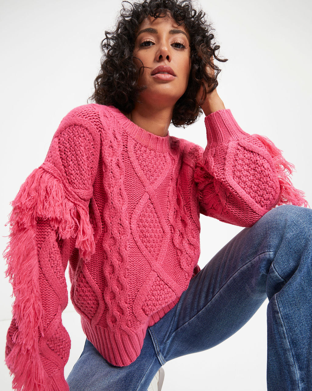 Sun Goes Down Cable Knit Fringe Pullover Sweater - Magenta - FINAL SALE