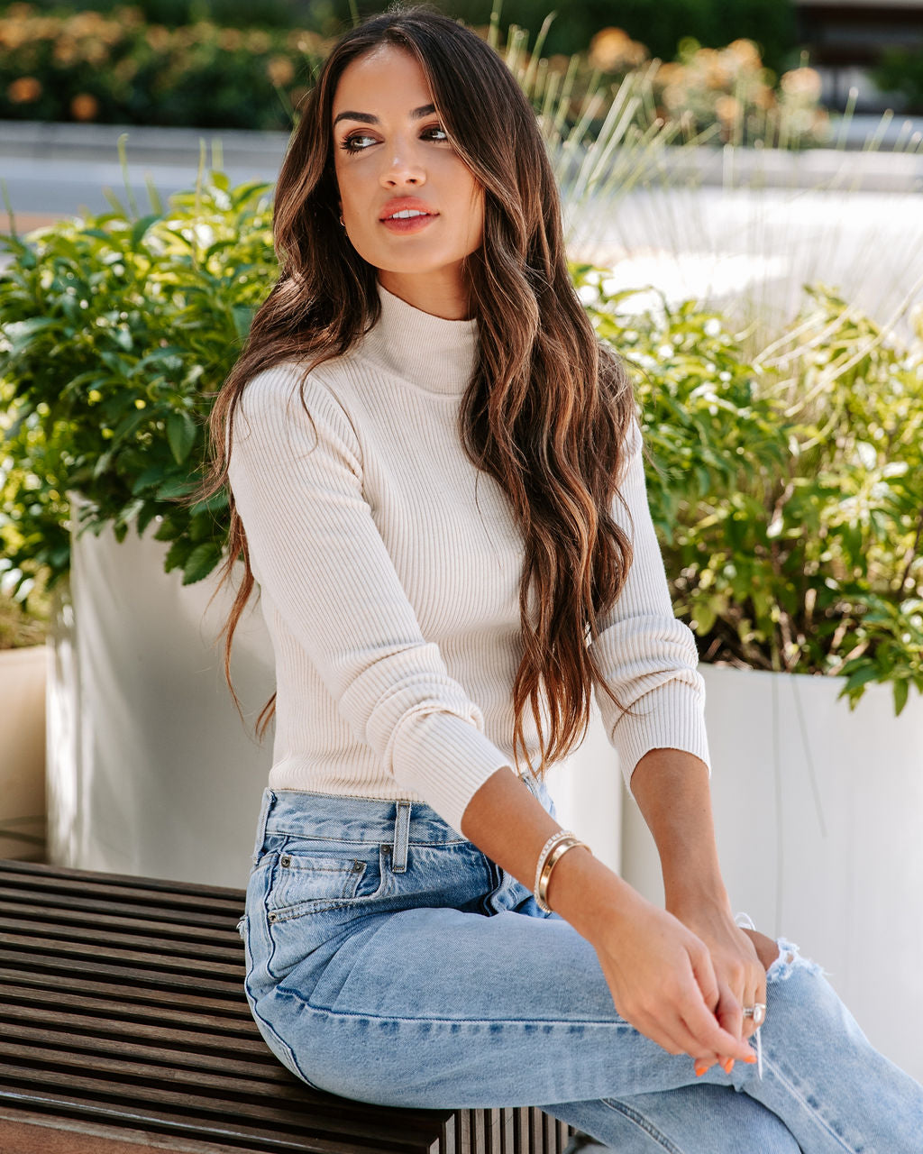 Tell Me About It Ribbed Mock Neck Long Sleeve Top - Oatmeal - FINAL SALE