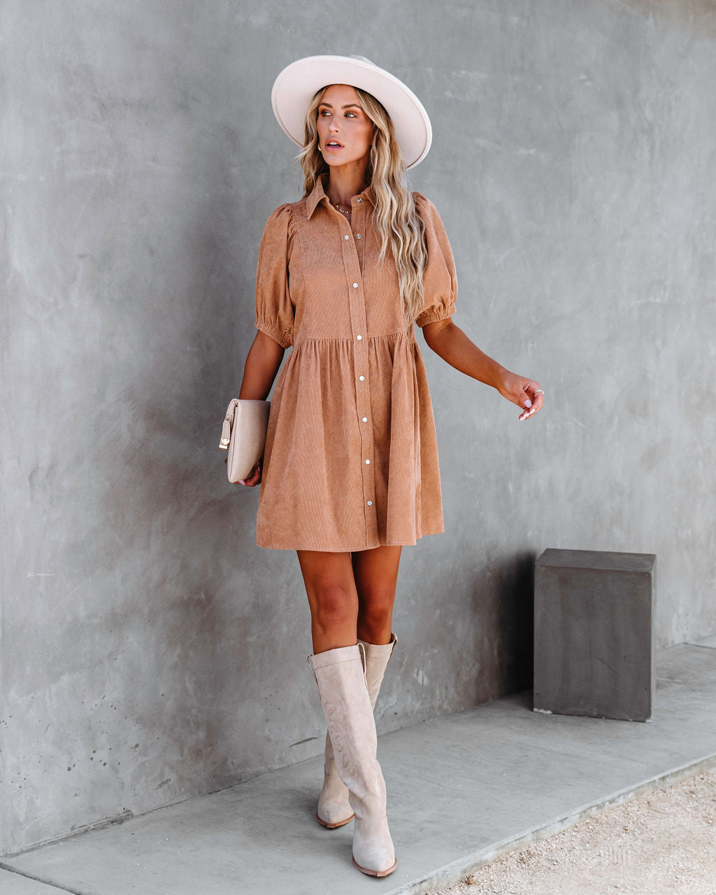Owen Corduroy Puff Sleeve Babydoll Dress - Camel