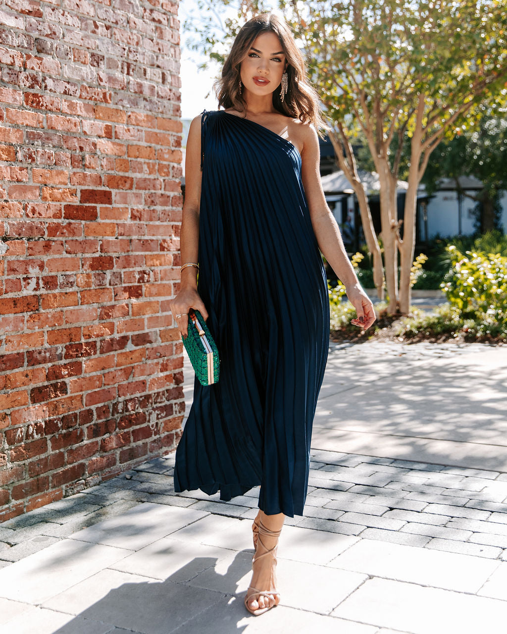 Melina Satin One Shoulder Pleated Midi Dress - Navy