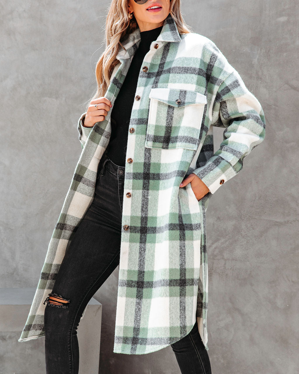Maddox Pocketed Plaid Button Down Coat - SALE