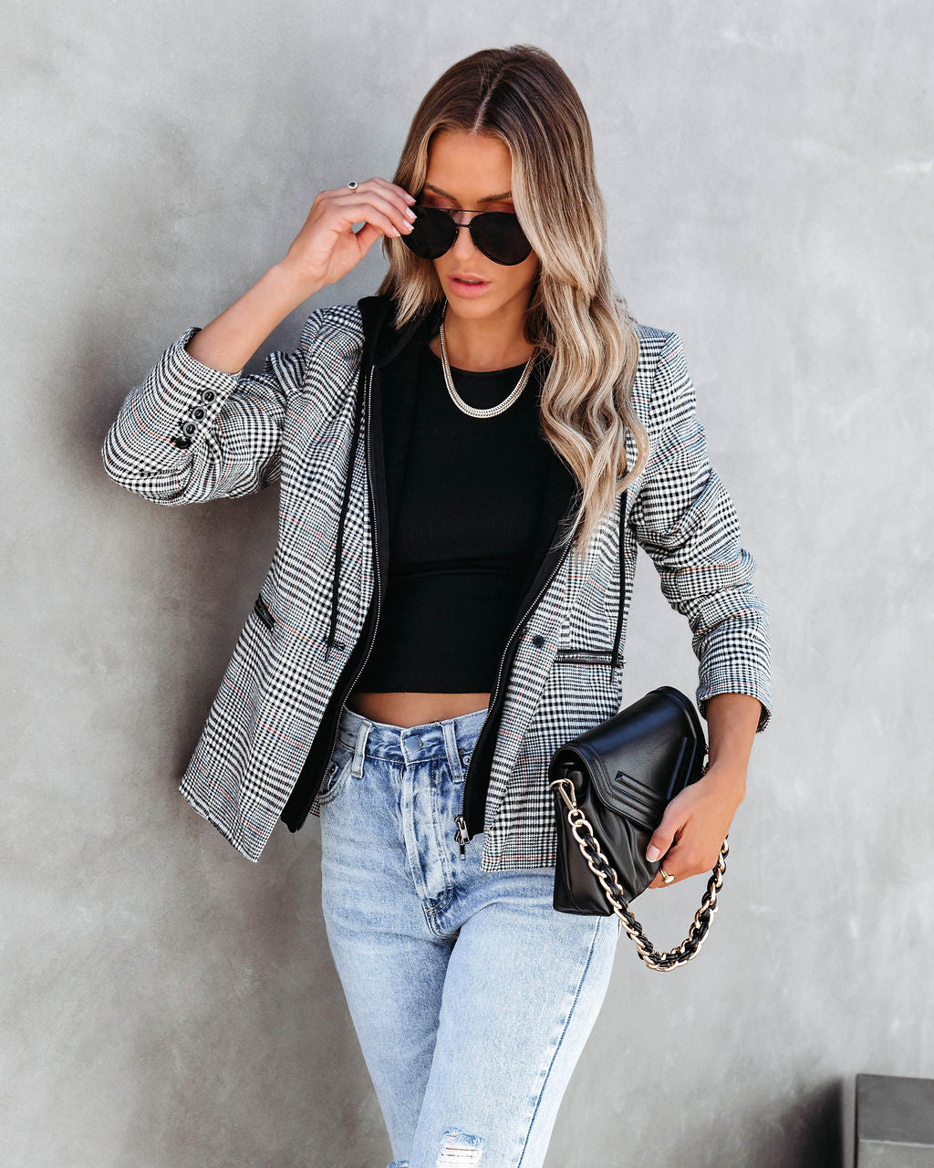 Avant Garde Gal Plaid Pocketed Hooded Blazer