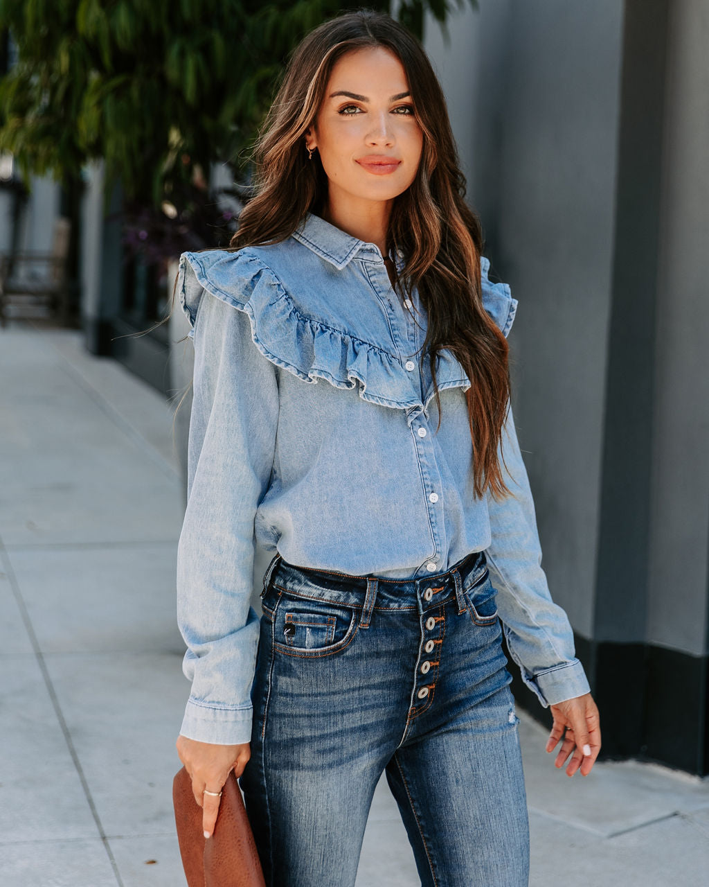 Zephyr Denim Ruffle Button Up Top - SALE