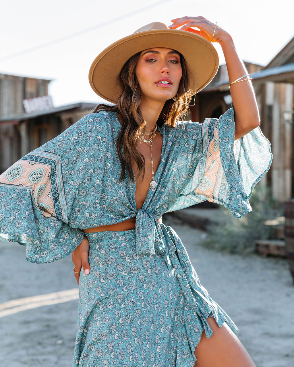 Theros Printed Tie Front Crop Top