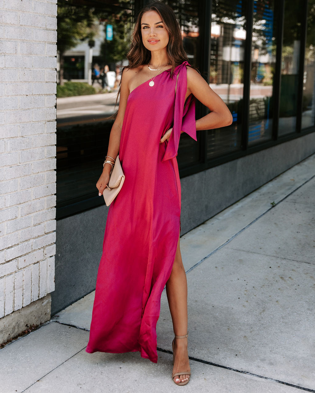 Invite Only Satin One Shoulder Maxi Dress - Burgundy
