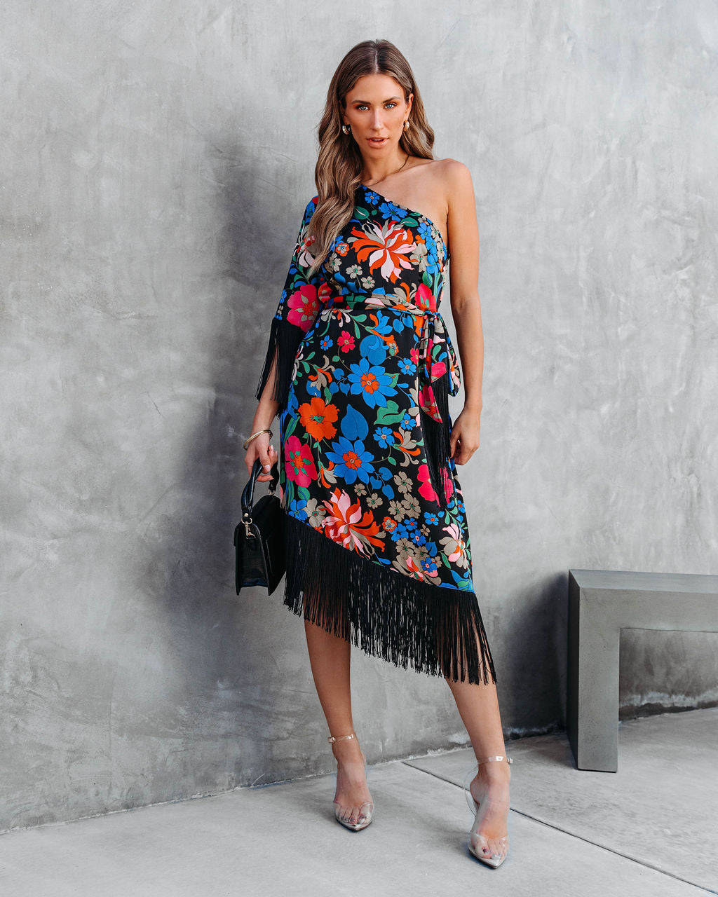 Rosalia Floral One Shoulder Fringe Midi Dress