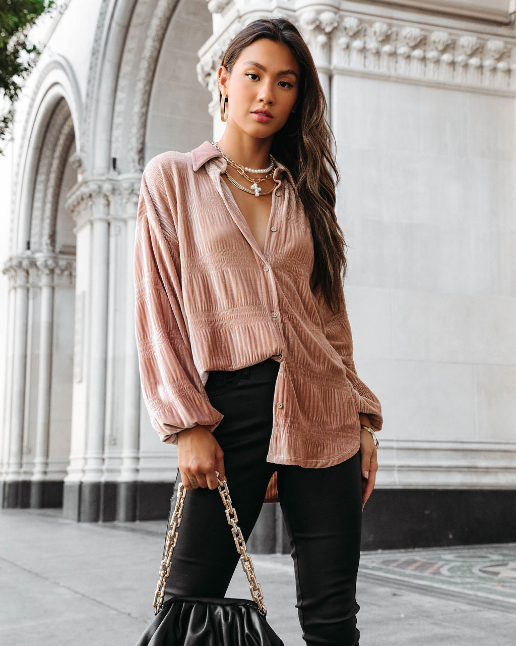 Bette Textured Velvet Button Down Top - Champagne