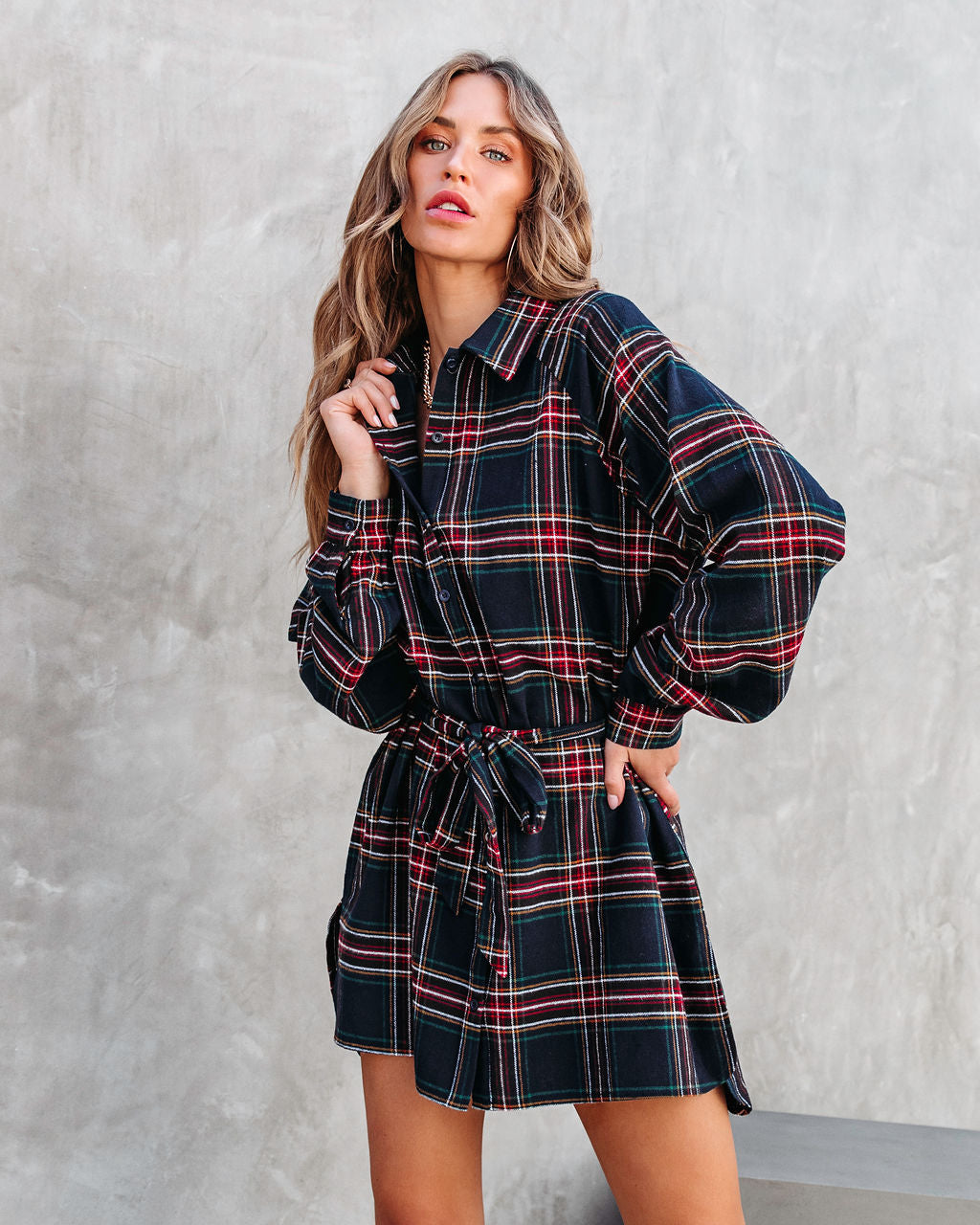 Riana Cotton Plaid Tie Shirt Dress - Navy