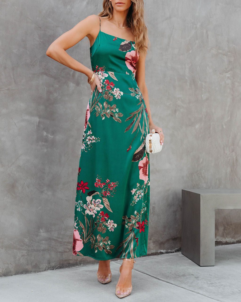 Ramona Satin Floral Maxi Dress - Green