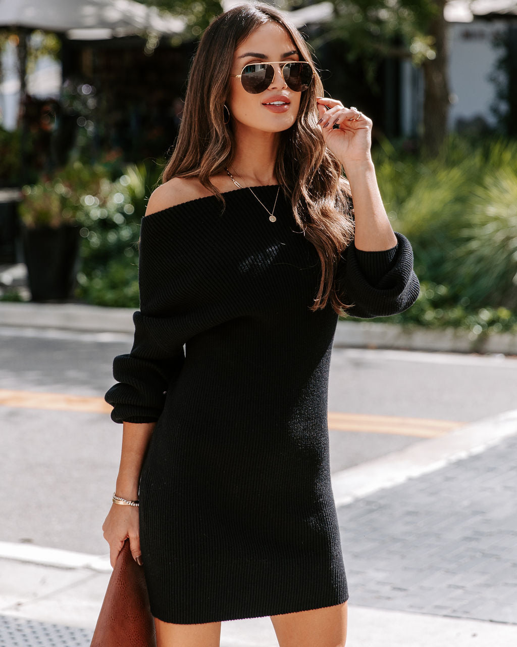 Take Notes Ribbed Knit Off The Shoulder Mini Dress - Black