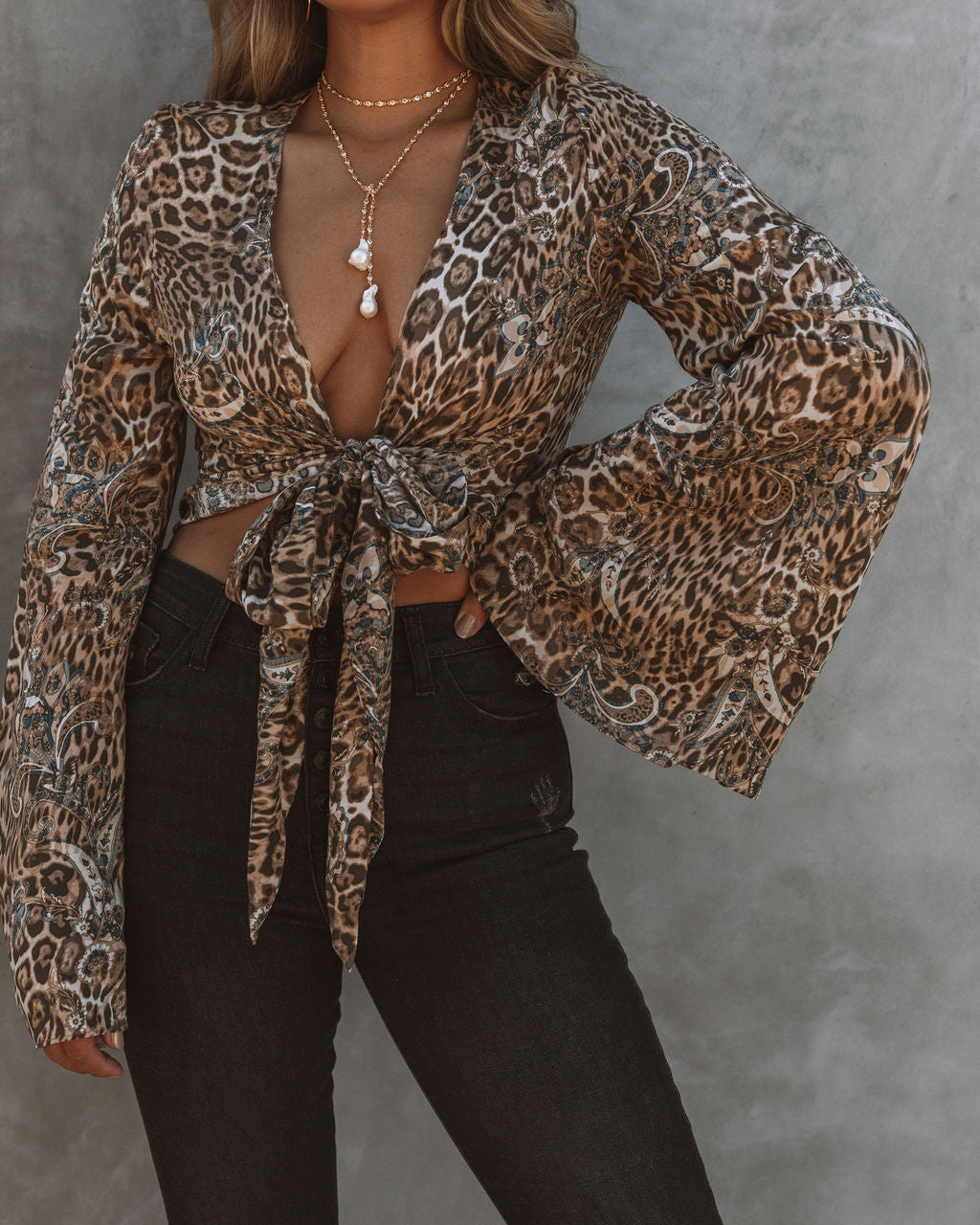 Joshua Mix Print Bell Sleeve Tie Top - SALE