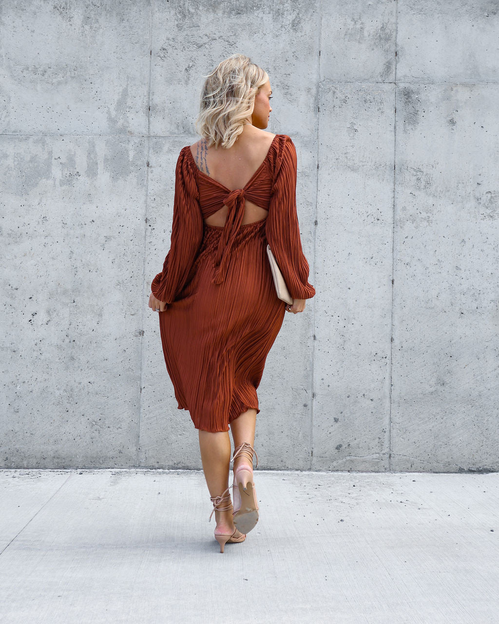 Very Impressed Plisse Cutout Midi Dress - Rust