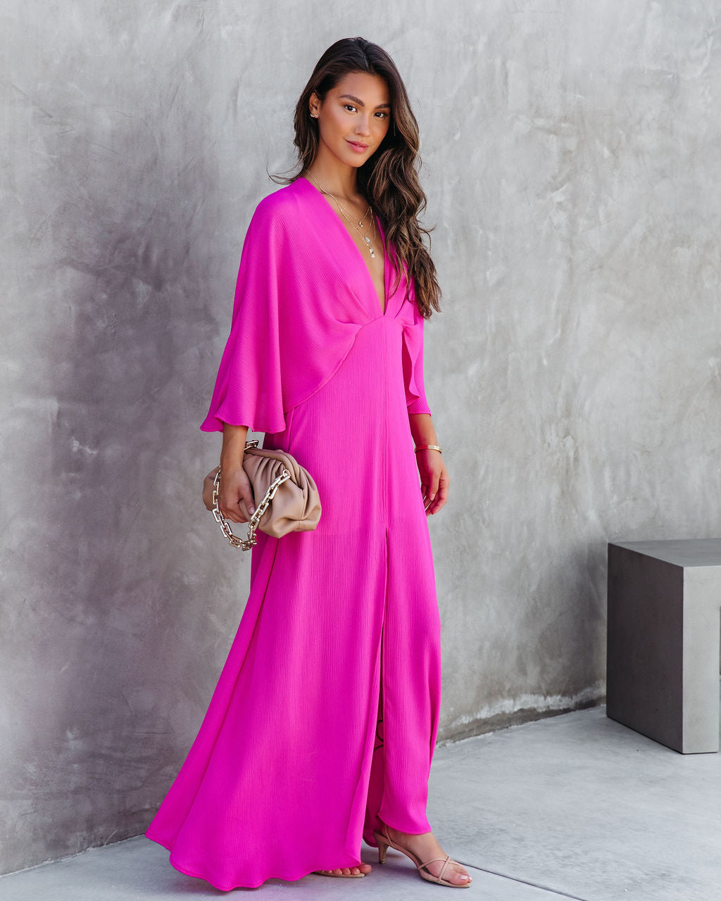 Beauty Meets Elegance Cape Sleeve Maxi Dress - Hot Pink