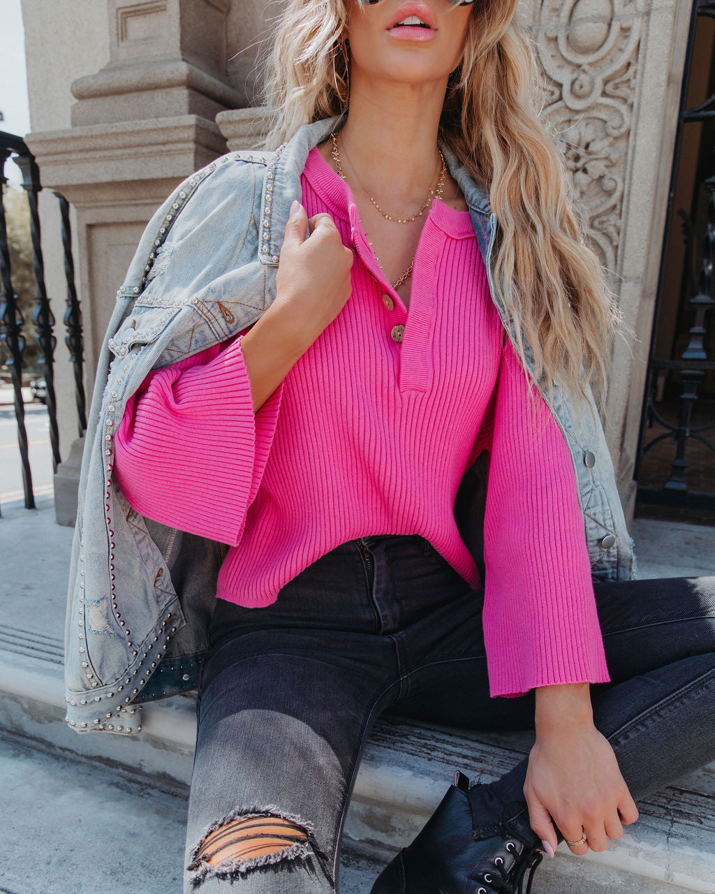 Shawn Ribbed Henley Top - Hot Pink - FINAL SALE