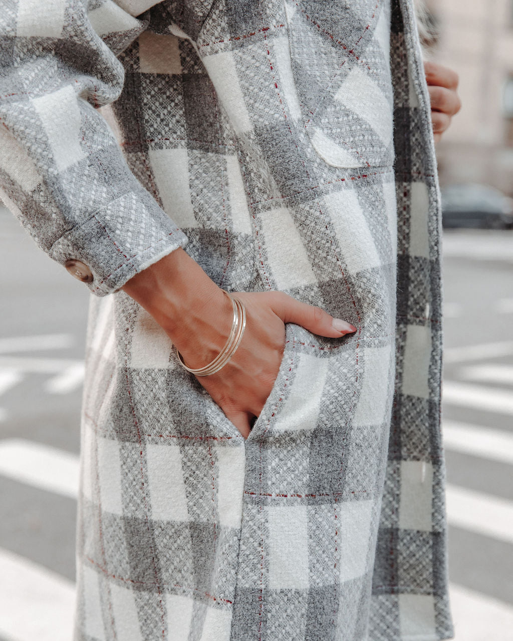 Bridgeview Pocketed Plaid Coat - Grey