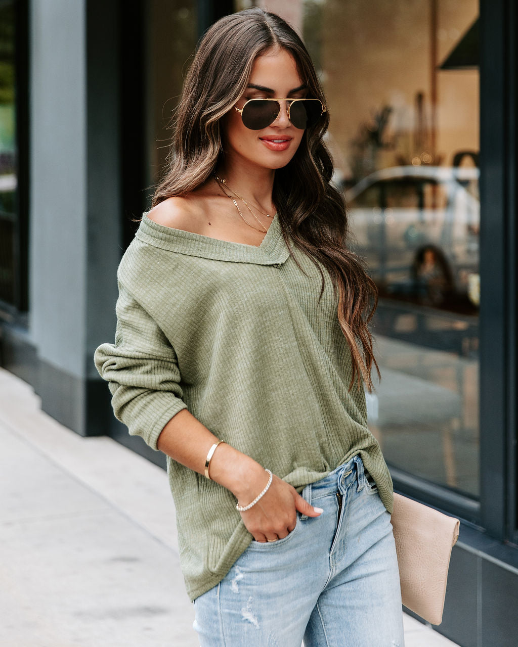 Touch Of Fall Oversized Ribbed Long Sleeve Top - Olive
