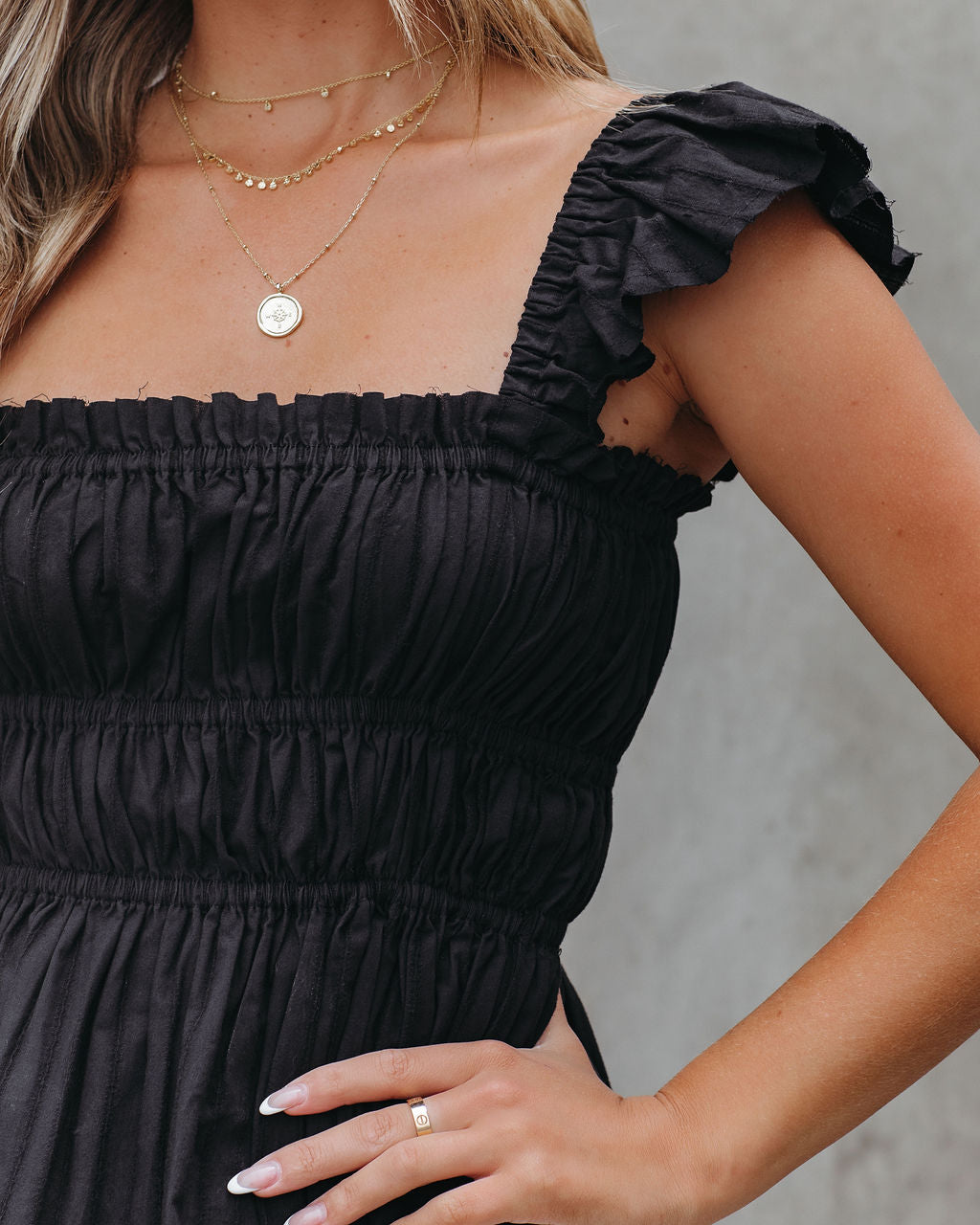 Into The Shores Frayed Smocked Cotton Top - Black - FINAL SALE