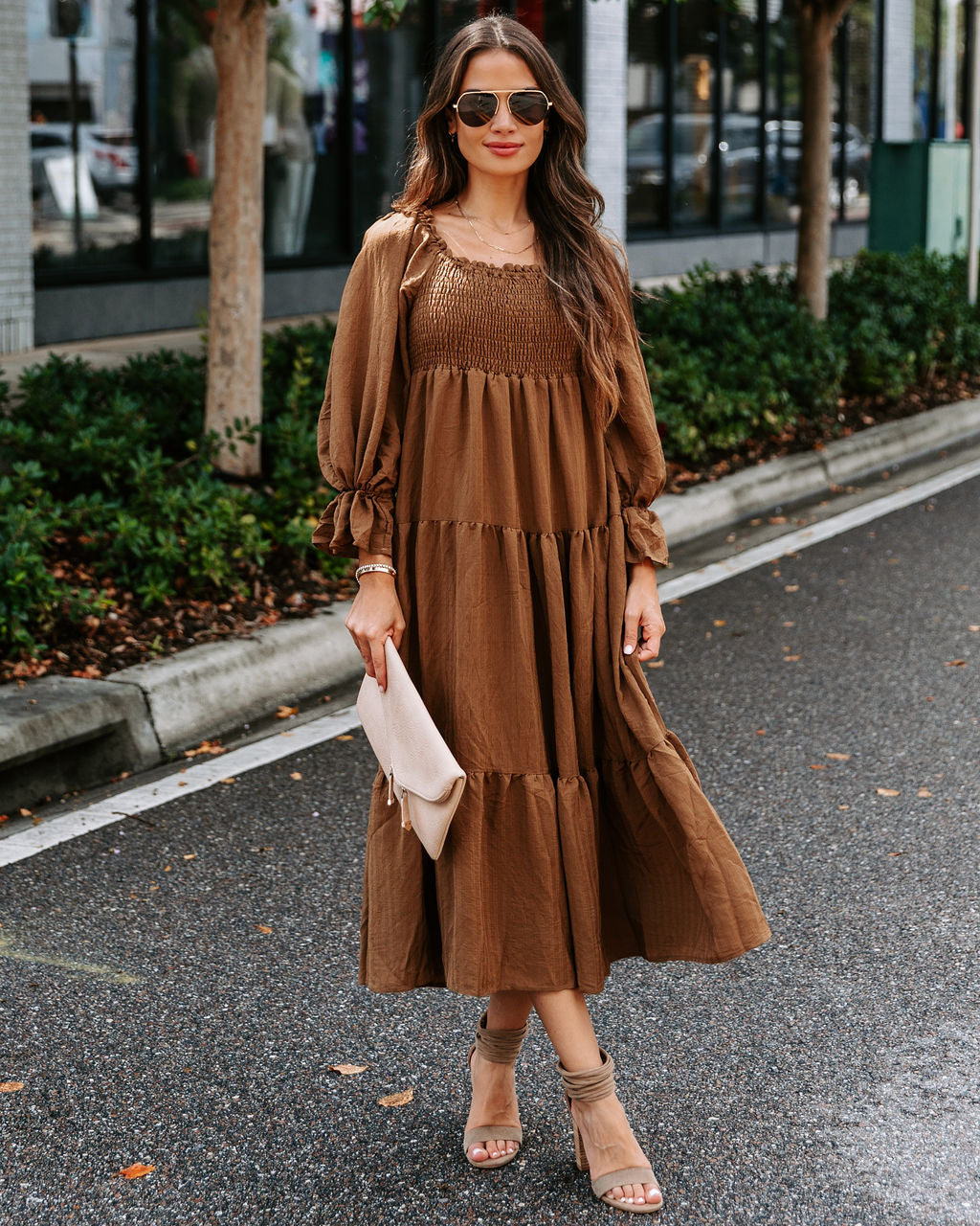 River Pocketed Puff Sleeve Midi Dress - Mocha