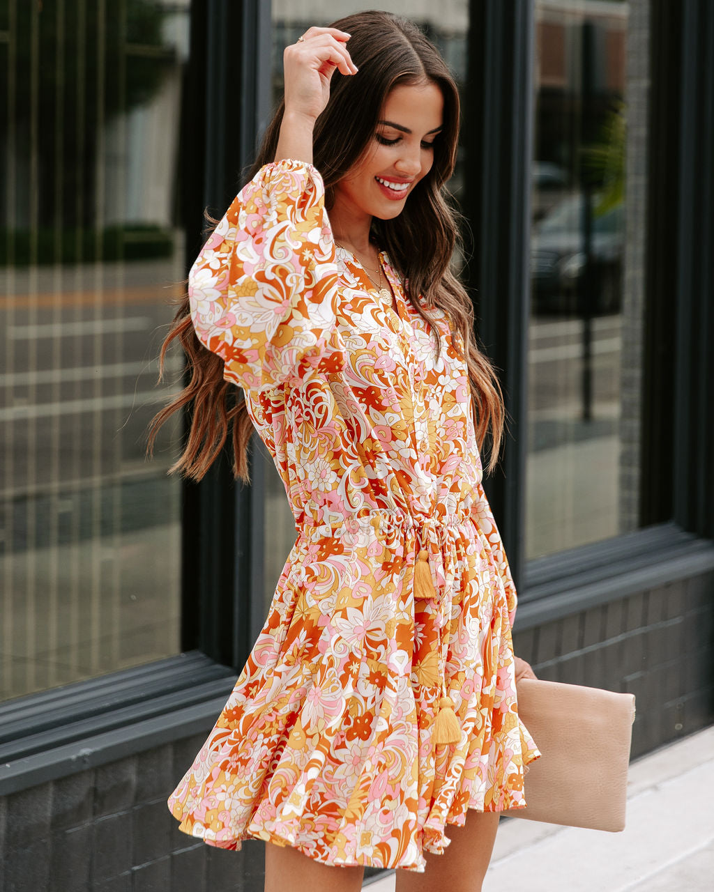 Groovy Doll Floral Adjustable Balloon Sleeve Dress