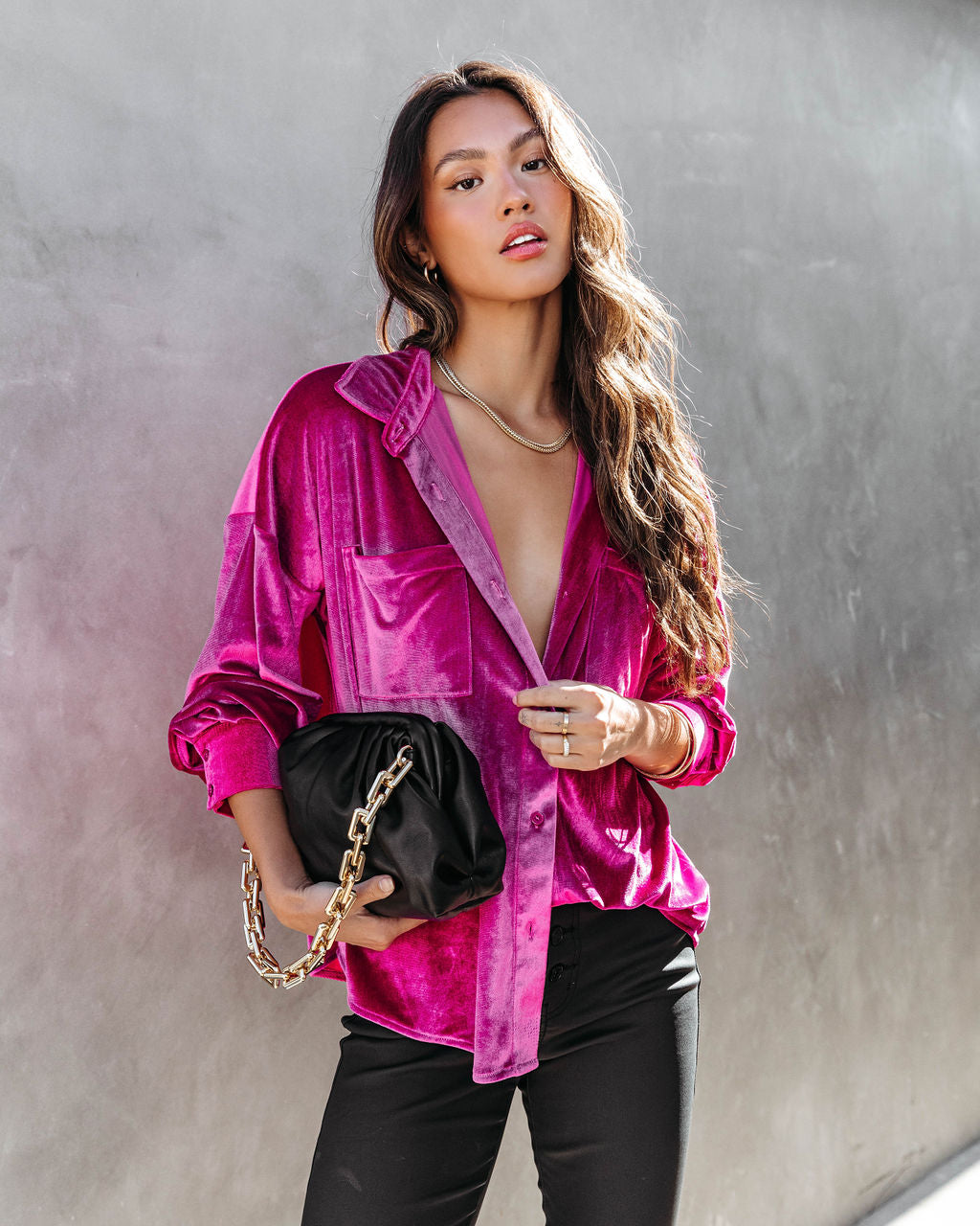 Magical Wonder Velvet Button Down Top - Magenta