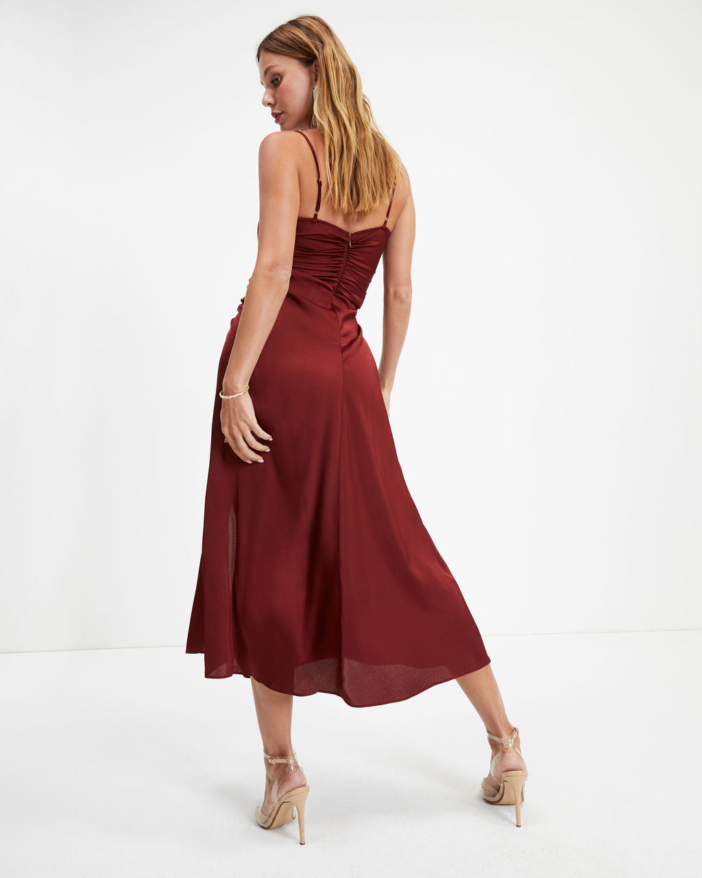 Luxe Doll Satin Drape Slit Midi Dress - Merlot