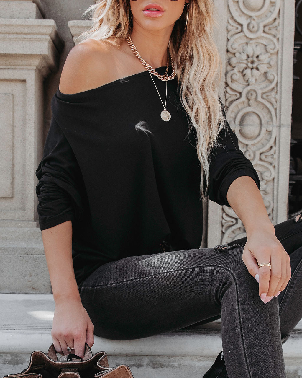 Jenna Boat Neck Long Sleeve Top - Black