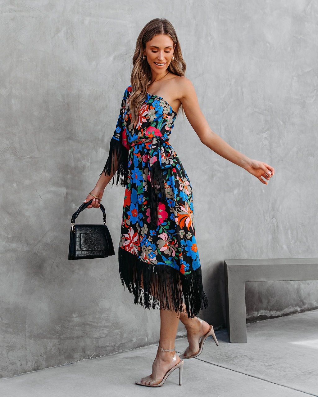 Rosalia Floral One Shoulder Fringe Midi Dress