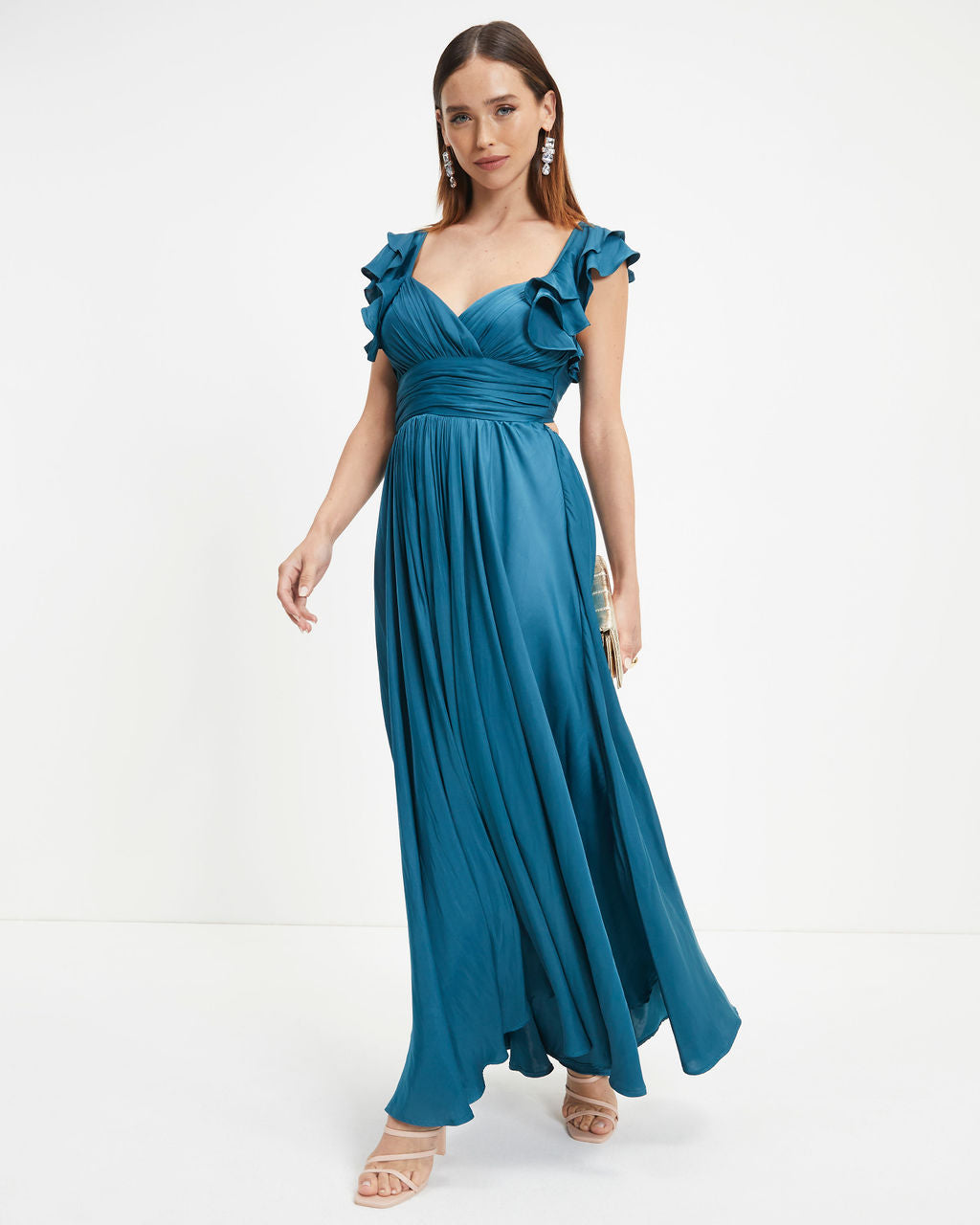 First Class Satin Ruffle Cutout Maxi Dress - Dark Teal