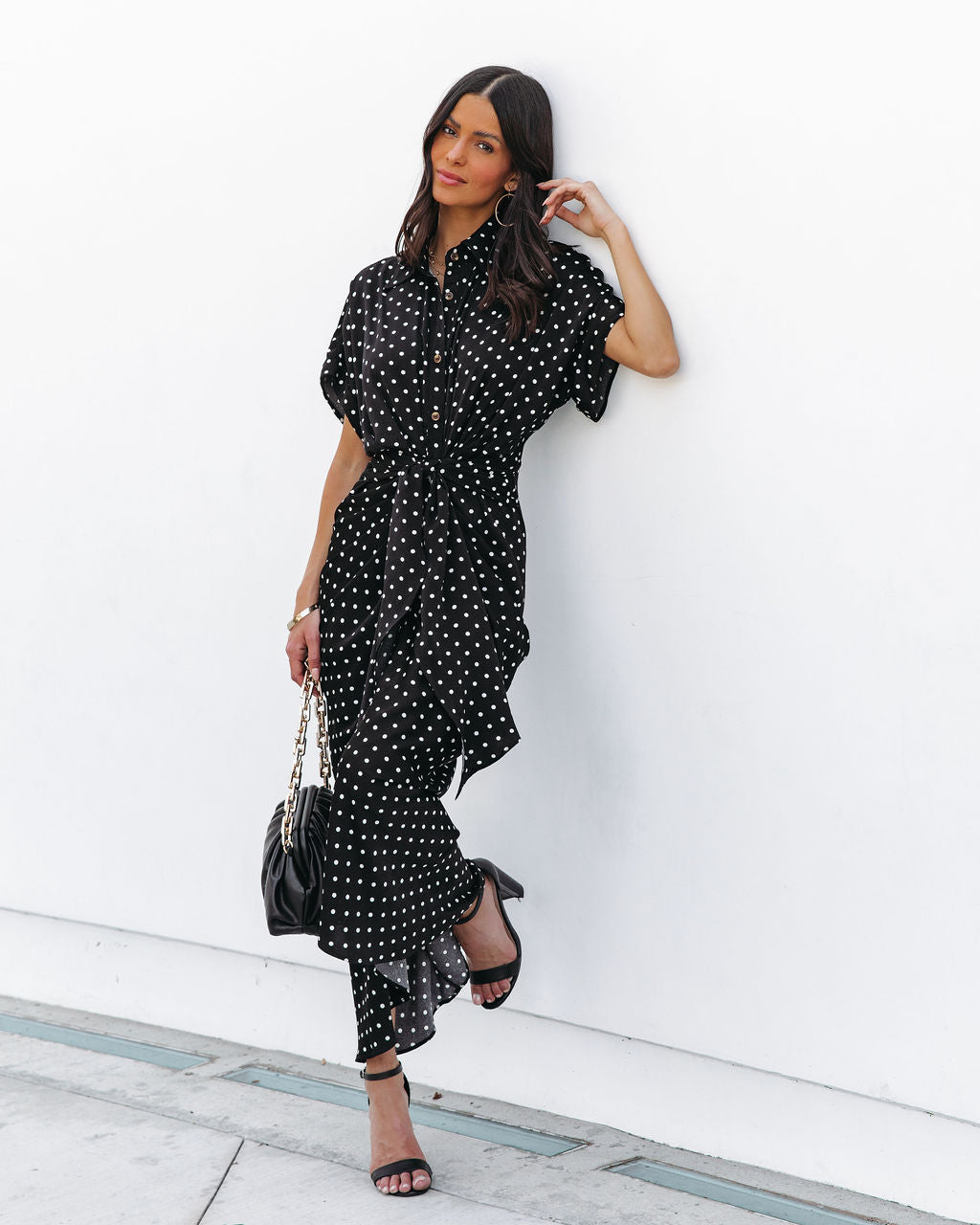 Aurielle Polka Dot Tie Front Midi Shirt Dress - Black - FINAL SALE