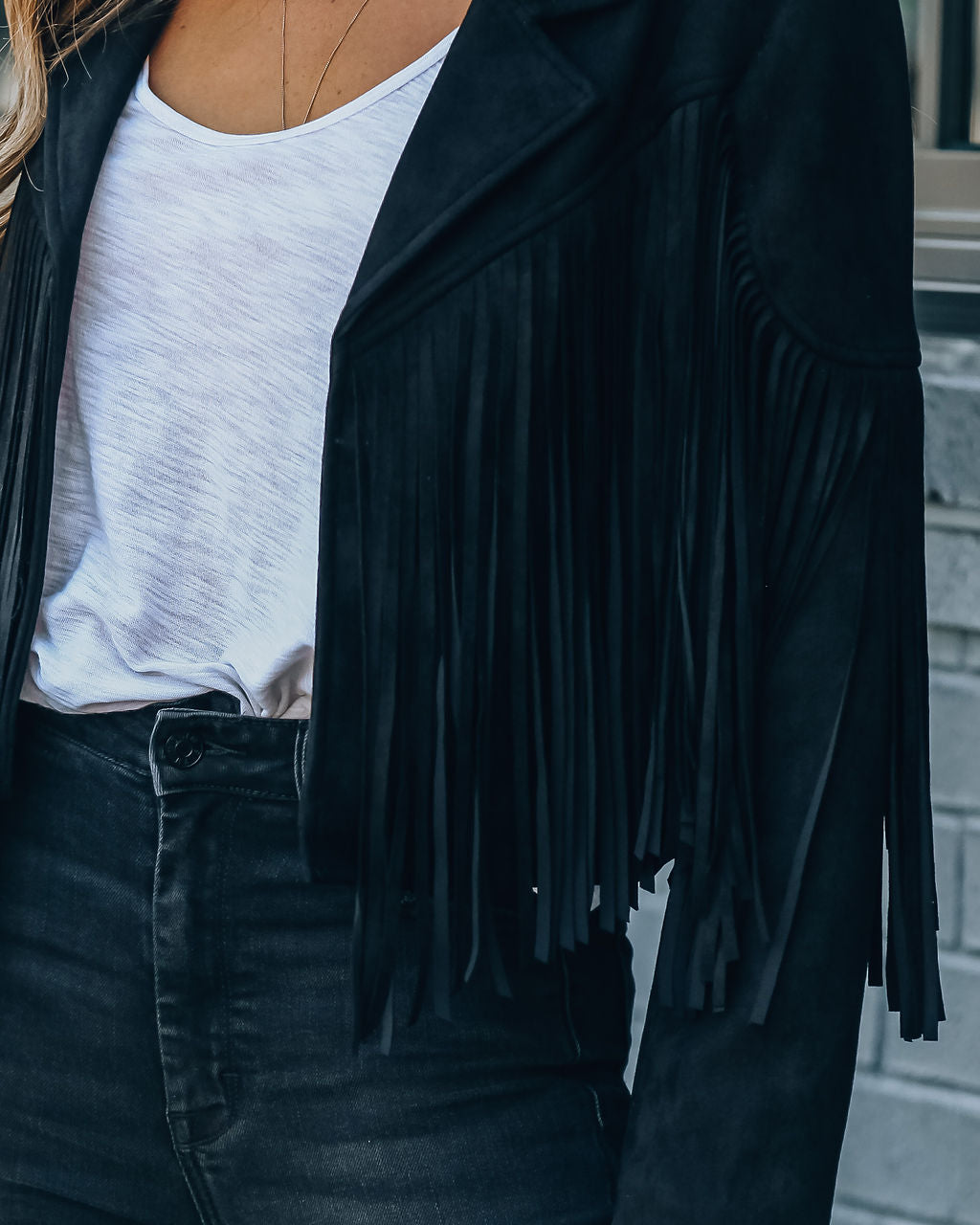 Walford Cropped Fringe Faux Suede Jacket - Black