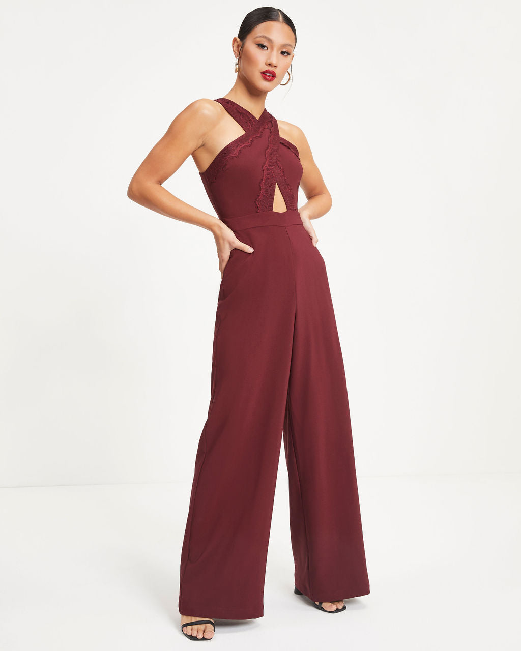 That's Amore Lace Trim Cutout Jumpsuit - Burgundy